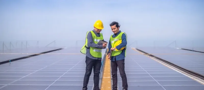 Yenilenebilir enerji santralinde güneş panelleri ve rüzgâr türbinleri